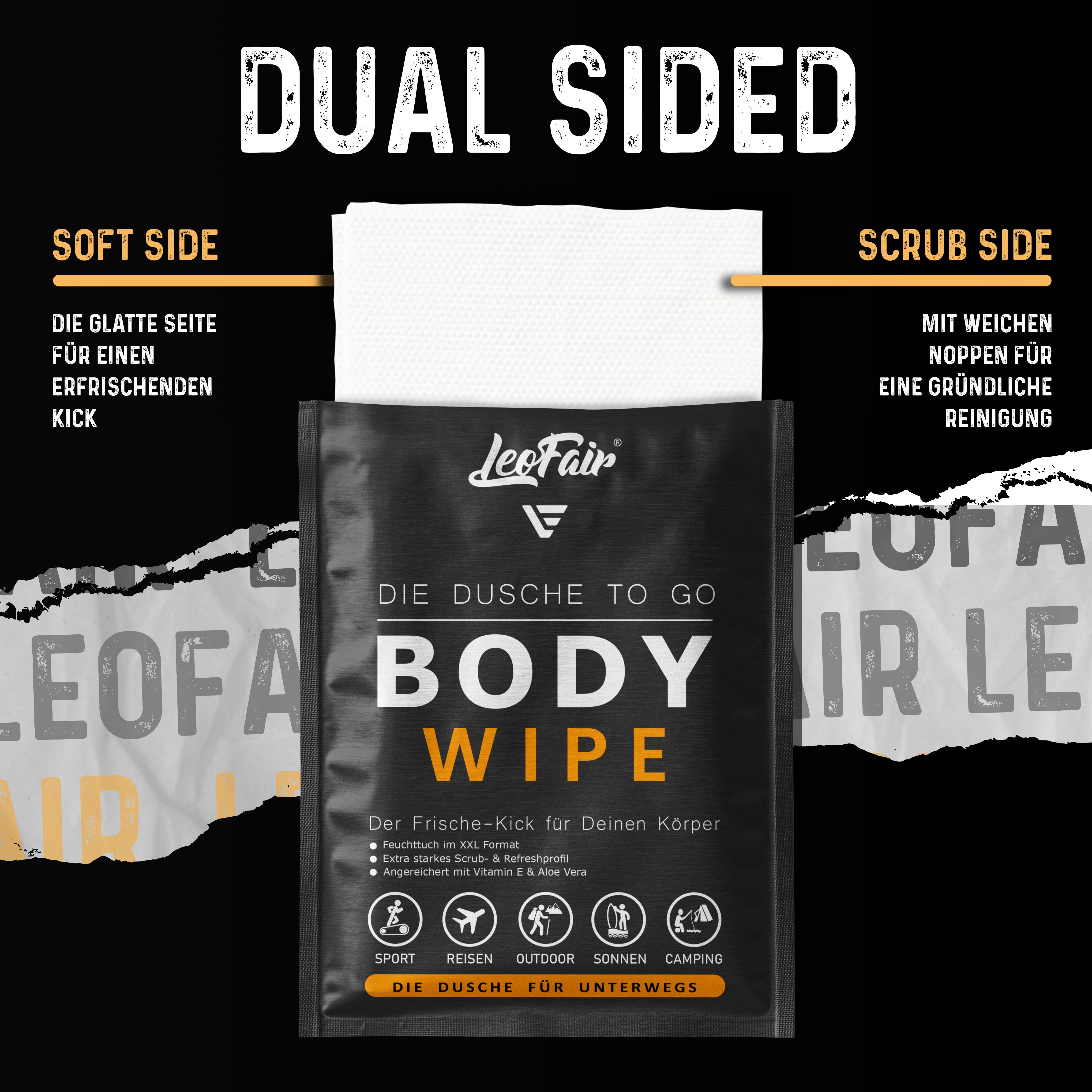 Leofair Body Wipe – beidseitiges Reinigungstuch mit Soft- und Scrub-Seite für eine gründliche Körperpflege unterwegs