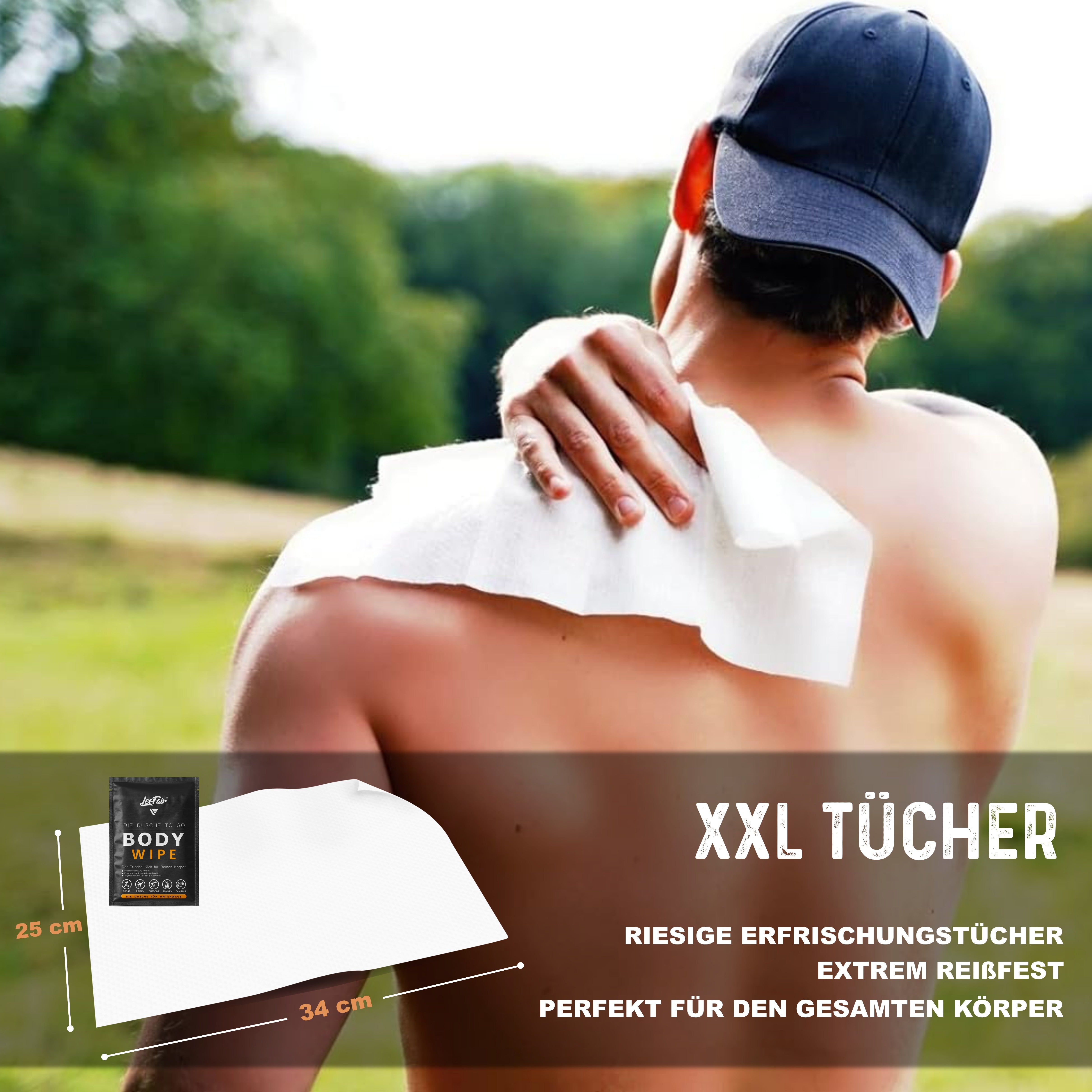 Mann reinigt seinen Rücken mit einem Leofair Body Wipe – extra großes, reißfestes XXL-Erfrischungstuch für den gesamten Körper
