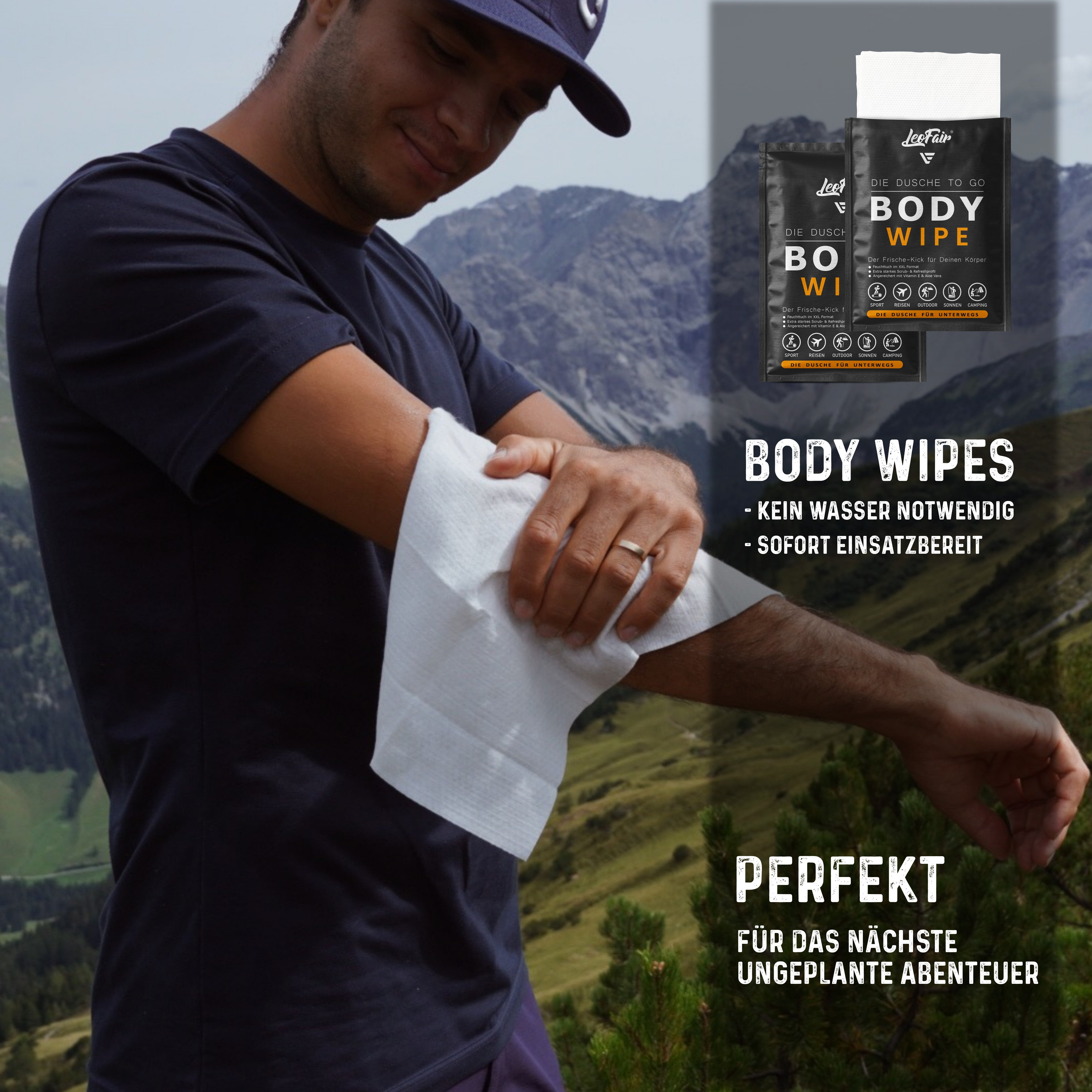 Mann reinigt seinen Arm mit einem Leofair Body Wipe beim Wandern – sofort einsetzbare Körperpflege ohne Wasser für Outdoor-Abenteuer