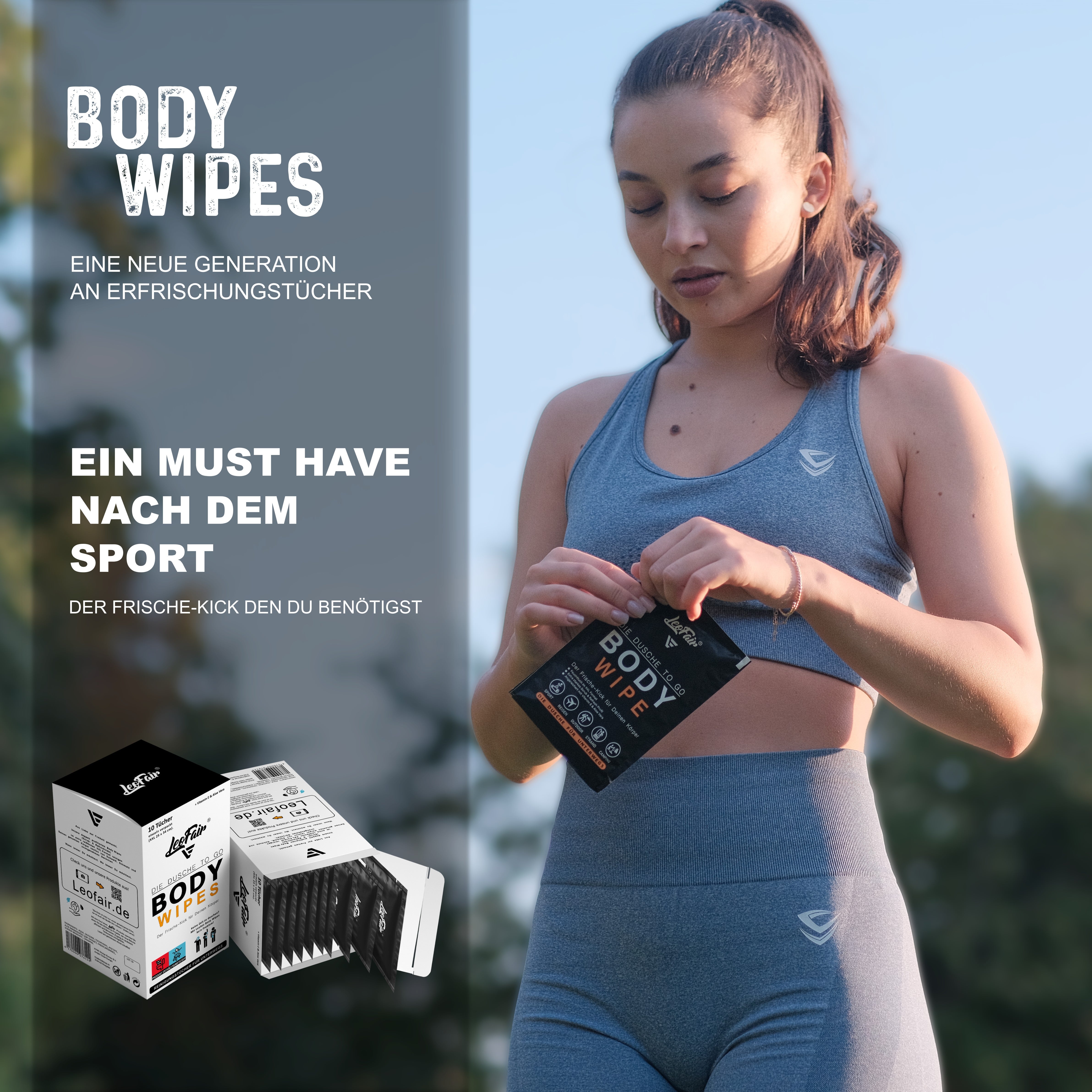 Sportlerin öffnet einen Leofair Body Wipe – praktische Körperreinigung nach dem Training für schnelle Frische unterwegs