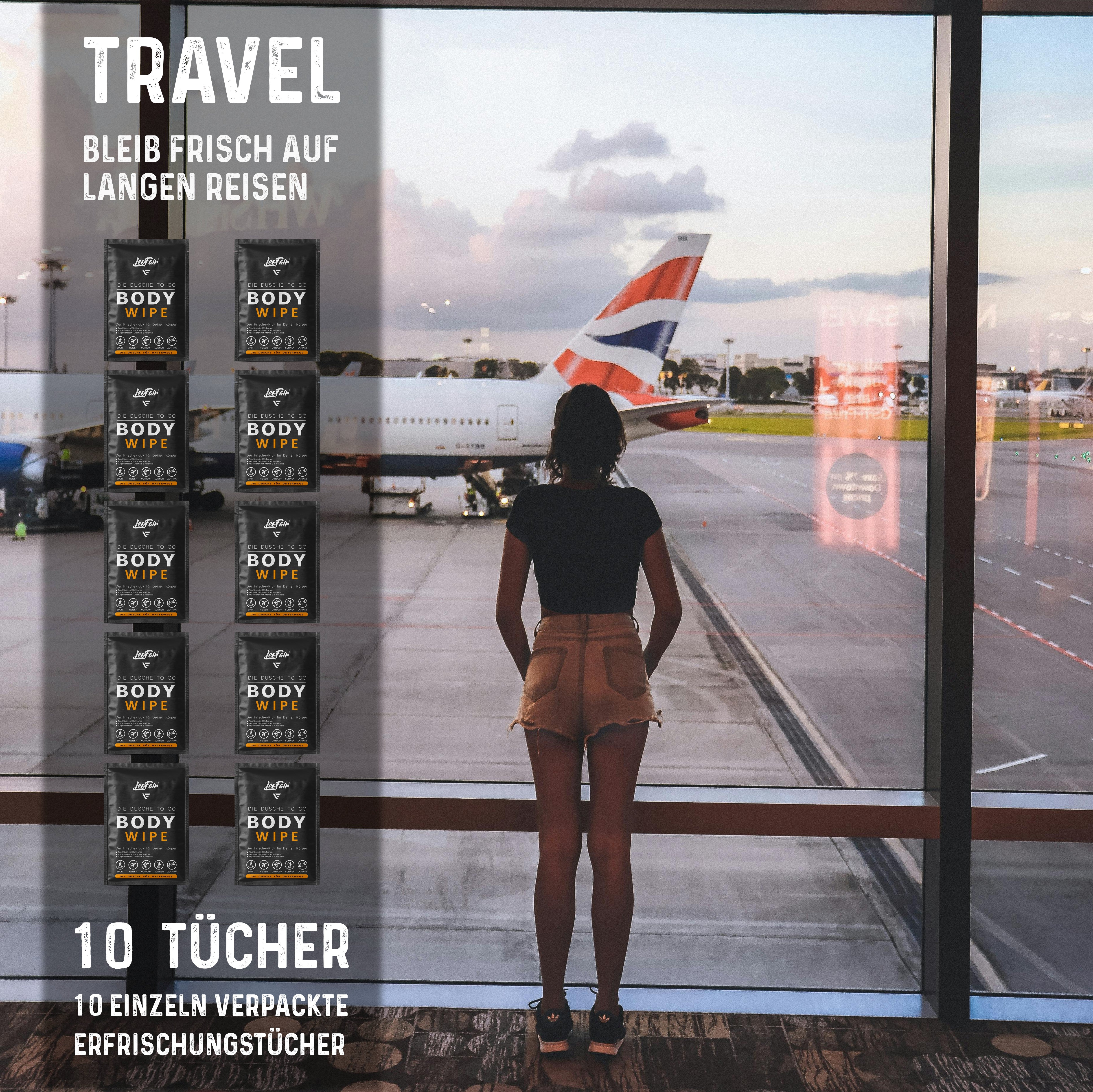 Frau am Flughafen vor dem Flug – Leofair Body Wipes als praktische Erfrischungstücher für lange Reisen